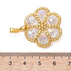 シードビーズとガラスビーズのペンダント  花のチャーム  真鍮のベイルと  多面カット  ホワイト  27~28x27~28x8mm  穴：4x4mm&nbsp;PALLOY-MZ01299-01