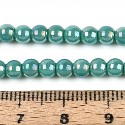 電気メッキオペークガラスビーズ連売り  ラウンド  ABカラーメッキ  ライトシーグリーン  4~4.5mm  穴：0.6mm  約97~100個/連  14.76~15.16インチ（37.5~38.5cm）&nbsp;GLAA-T032-P4mm-AB12A