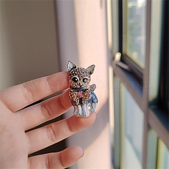 猫の形のエナメルピン  バックパックの服のための合金ラインストーンブローチ  ライトグレー  45x20mm&nbsp;PW-WG05E0D-01