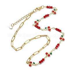 Brass Enamel Red Cherry Link and 304 Stainless Steel Paperclip Chain Necklaces for Women&nbsp;NJEW-JN06162