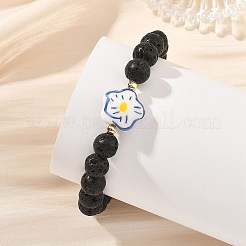 Handmade Printed Porcelain Flower & Round Natuarl Lava Rock Beaded Stretch Bracelets&nbsp;BJEW-JB14183-01