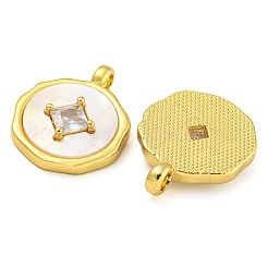 Flat Round Coin Shape Brass Cubic Zirconia Pendants with Shell&nbsp;KK-D534-06G