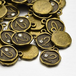 アンティークブロンズ合金ラインストーンチャームをメッキ  numがフラットラウンド。2  ニッケルフリー  13x10x1.5mm  穴：1mm&nbsp;ALRI-J153-02-NF