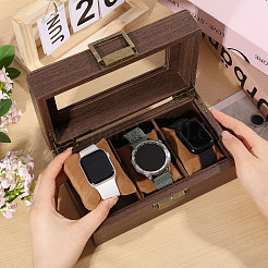 3-Slot Wood Covered with PU Leather Watch Storage Boxes with Glass Visible Window Hinged Lids and Lint Pillows Inside&nbsp;CON-WH0113-10B