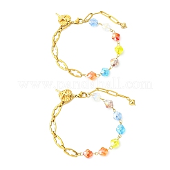 304ステンレススチールと電気メッキガラスのリンクブレスレット＆チャームブレスレット  女性用中空クロスリンクチェーンブレスレット  ハート＆ハート  18KGP本金メッキ  9.72インチ（24.7cm）&nbsp;BJEW-JB13976-01