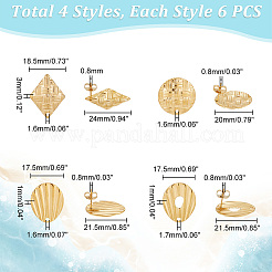 24Pcs 4 Style Flat Round & Rhombus & Shell Shape 304 Stainless Steel Stud Earring Findings&nbsp;STAS-UN0048-30