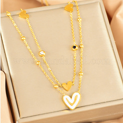 304 Stainless Steel Pave Clear and Black Cubic Zirconia & Natural White Shell Heart Pendant Double Layer Necklaces for Women&nbsp;FS-WGCE9B1-01
