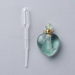 ナチュラルグリーン蛍石開閉式香水瓶ペンダント  304ステンレススチール製の金具とプラスチック製のピペット付き  ハート  37.5~38x25~25.5x11~12mm  穴：1.6mm  1個/セット  容量：2.5ml（0.08液量オンス）&nbsp;G-K420-04