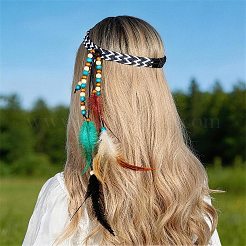 1ピースボヘミアンフェザーヘッドバンドヘアエクステンションヘッドピース  祭りのヘッドドレス、ヘッドバンド、羽根のヘアアクセサリー  ブラック  380mm&nbsp;AJEW-DJ0001-51B