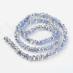 電気メッキガラスビーズセット  イミテーション翡翠  半分銀メッキ  多面カット  ロンデル  ライトスカイブルー  4x3mm  穴：0.4mm  約113~115個/連  41~42cm&nbsp;EGLA-A034-J4mm-M07
