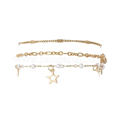 Round ABS Imitation Pearl Beaded Chains & 304 Stainless Steel Cable Chains Stackable Bracelets for Women&nbsp;BJEW-JB12452-02