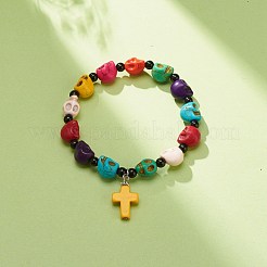 Natural Mashan Jade Skull Beaded Stretch Bracelet with Synthetic Turquoise(Dyed) Cross Charm&nbsp;BJEW-JB08372