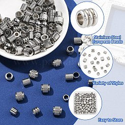90個 9スタイル ステンレススチール ヨーロピアンビーズ  大穴ビーズ  列と紋章  ステンレス鋼色  3~8x6~8mm  穴：3~5mm  10個/スタイル&nbsp;OPDL-YW0001-10