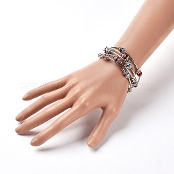ファイブループファセットガラスラップブレスレット  真鍮のチューブビーズと鉄のビーズ  レッド  2-1/4インチ（5.7cm）&nbsp;BJEW-JB04135-03