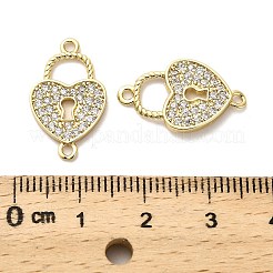 Brass Micro Pave Clear Cubic Zirconia Heart Lock Connector Charms&nbsp;KK-M324-14G