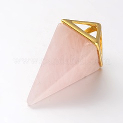 天然ローズクォーツポイントペンデュラムペンダント  ゴールデンメッキ真鍮パーツ  30~34x15x15mm  穴：5x6mm&nbsp;G-E301-06G