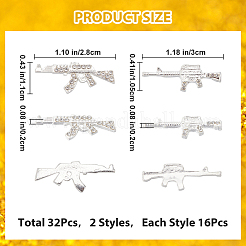 32個 2スタイル 合金ラインストーンカボション  ネイルアートの装飾の付属品  銃の形  銀  10.5~11x28~30x2mm  16個/スタイル&nbsp;MRMJ-CP0001-31S