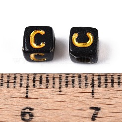 不透明なアクリルビーズ  ゴールドライン入り  文字付きのキューブ  ブラック  文字C  4.5~5x4.5~5x4.5~5mm  穴：2mm  約6250個/500g&nbsp;SACR-T035-20C