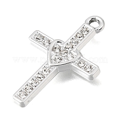 UVメッキ合金クリスタルラインストーンペンダント  ハートチャーム付きクロス  プラチナ  27x7.5x2mm  穴：1.8mm&nbsp;RB-CBAD37D-10P
