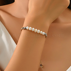 Bohemian Natural Cultured Pearl Rice Braided Bead Bracelets with 201 Stainless Steel Beads&nbsp;NX1549-2