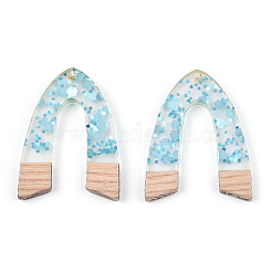 透明レジン＆ホワイトウッドペンダント  スパンコール付きアーチ型チャーム  ライトスカイブルー  38x37~29x3.5mm  穴：2mm&nbsp;RESI-N039-53