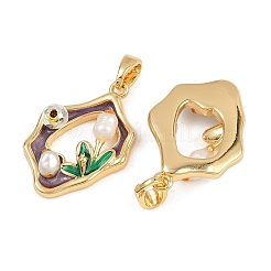 真鍮製エナメルペンダント  天然パールと  18KGP本金メッキ  花のチャームが付いたナゲット  暗い蘭  21x15x5mm  穴：5x3mm&nbsp;KK-H078-04B-G01