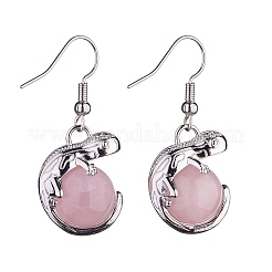 Natural Rose Quartz Chameleon Dangle Earrings with Crystal Rhinestone&nbsp;EJEW-A092-10P-18