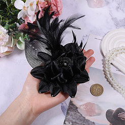 衣服用の花の羽根と鉄のラペルピン  樹脂ビーズとポリエステルを使用  ブラック  190x132mm&nbsp;JEWB-WH0010-114B