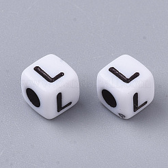 白い不透明なアクリルビーズ  水平穴  黒いアルファベットのキューブ  文字l  4~5x4~5x4~5mm  穴：1.8mm  約6000~6500個/500g&nbsp;MACR-R869-02L
