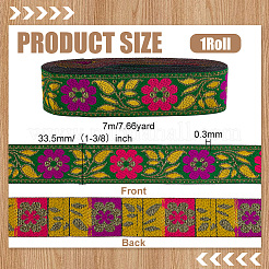 エスニックスタイルの花柄刺繍ポリエステルリボン  ジャカードリボン  服飾材料  グリーン  1-3/8インチ（33.5mm）  約7.66ヤード（7m）/バンドル&nbsp;OCOR-WH0104-04B