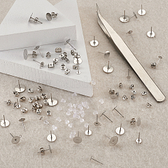 DIYピアス作り  304ステンレススチールのブランクペグスタッドピアス金具とビーズピンセット付き  ステンレススチール/プラスチックのイヤーナットとビーズコンテナ  ステンレス鋼色  8.2x8.2x2.7cm&nbsp;DIY-TA0001-16P