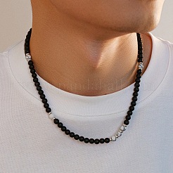 6mmラウンド天然ハウライトとフロストブラックストーンビーズネックレス（男性用）  プラチナ  18.90インチ（48cm）&nbsp;LS-FQ0489-3