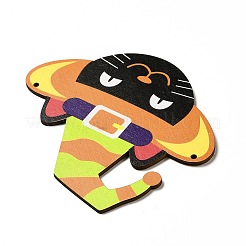 片面プリントウッドビッグペンダント  ハロウィンチャーム  猫の形  137x148x3.5mm  穴：4mm&nbsp;WOOD-I010-10A