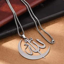 201 Stainless Steel Moon & Arabic Pendants Box Chain Necklaces for Women Men&nbsp;NJEW-R013-02P