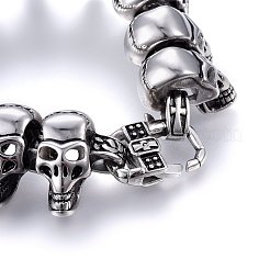 304ステンレススチールリンクブレスレット  カニカン付き  スカル  アンティークシルバー  9インチ（23cm）  25.5x14mm&nbsp;BJEW-L631-16AS