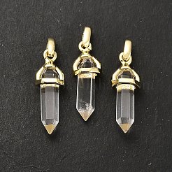 天然水晶ダブルターミナル尖頭ペンダント  真鍮製の金具が付いたロッククリスタルのファセット弾丸チャーム  イオンプレーティング（ip）  ゴールドカラー  21x7x7.5mm  穴：3.5x2mm&nbsp;G-H097-01G-02