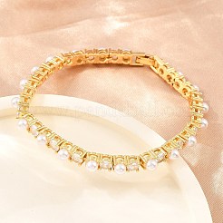 女性用真鍮パヴェクリアキュービックジルコニアテニスブレスレット  ABSの模造パールと  ラックめっき  長持ちメッキ  カドミウムフリー＆鉛フリー  ホワイト  18KGP本金メッキ  7.13インチ（18.1cm）&nbsp;KK-CBA68DA-08G