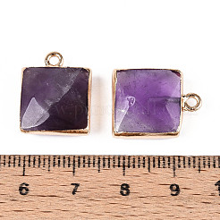 天然アメジストのファセットペンダント  真鍮のスクエアチャーム  ゴールドカラー  18x14~15x6~6.5mm  穴：1.8mm&nbsp;G-T139-95C