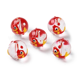 中国風透明ガラスエナメルビーズ連売り  手描きビーズ  模様のラウンド  魚  12~13x11.5mm  穴：1.6mm  約30個/連  13.58インチ（34.5cm）&nbsp;GLAA-G107-05C