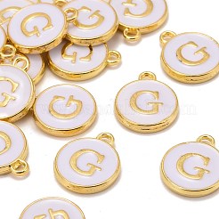 金メッキ合金チャーム  カドミウムフリー＆鉛フリー  エナメル  エポチャーム  アルファベット付きフラットラウンド  ホワイト  文字.g  14x12x2mm  穴：1.5mm&nbsp;X-ENAM-S118-01G