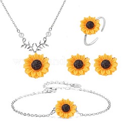ひまわり鉄樹脂ペンダントネックレス、リンクブレスレット、スタッドピアス、指輪セット  プラスチックパール付き  プラチナ  560mm&nbsp;WGABE86-02