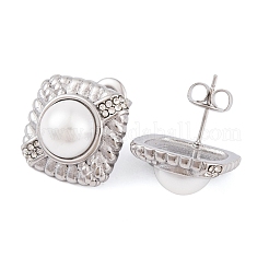 304ステンレススチールラインストーンスタッドピアス  女性用スクエア模造真珠ジュエリー  ステンレス鋼色  16x16mm&nbsp;EJEW-A049-15P