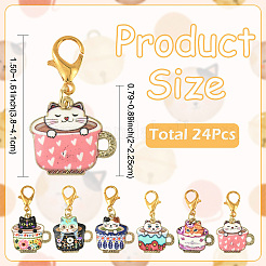 24個 6スタイル プリント合金エナメルペンダント装飾  カップの中の猫  合金製カニカン付き  ミックスカラー  38~41mm  4個/スタイル&nbsp;HJEW-YW00247