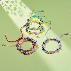 ナザールボンジュウ樹脂ビーズ & アイ合金ラインストーン編組ビーズのブレスレット女の子の女性  調節可能なナイロン糸コードブレスレット  ゴールドカラー  ミックスカラー  内径：1-5/8~3インチ（4.1~7.5cm）&nbsp;BJEW-JB08740-03