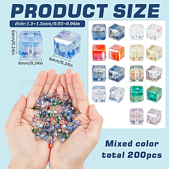 200個のファセット透明ガラスビーズ  キューブ  ミックスカラー  6x6x6mm  穴：1.3~1.5mm&nbsp;GLAA-SC0001-94