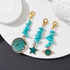 惑星/星/フラットラウンド合金エナメルペンダント装飾  合成ターコイズチップビーズとカニカン付き  ゴールドカラー  47~61mm  3個/セット&nbsp;HJEW-JM01621