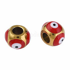 201ステンレススチールエナメルビーズ  ナザールボンジュウ付きラウンド  ゴールドカラー  暗赤色  8.5x8.5x6mm  穴：3mm&nbsp;STAS-N087-59-01G