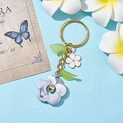 花のアクリル天然石風ペンダントキーホルダー  合金エナメルチャームと鉄分割キーリング付き  ホワイト  8cm&nbsp;KEYC-JKC00692-05