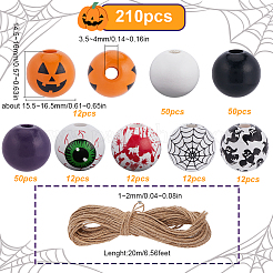 ハロウィンテーマプリントの天然木製ビーズ210個、8スタイル  血まみれの手/血/カボチャの模様の丸い  ミックスカラー  14.5~16.5x15~16mm  穴：4mm&nbsp;WOOD-SP0001-07
