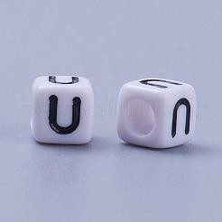 文字uの白い文字のアクリルキューブのビーズ  水平穴  サイズ：幅さ約6mm  長さ6mm  高差6mm  穴：3.2mm  約300個/50g&nbsp;X-PL37C9308-U